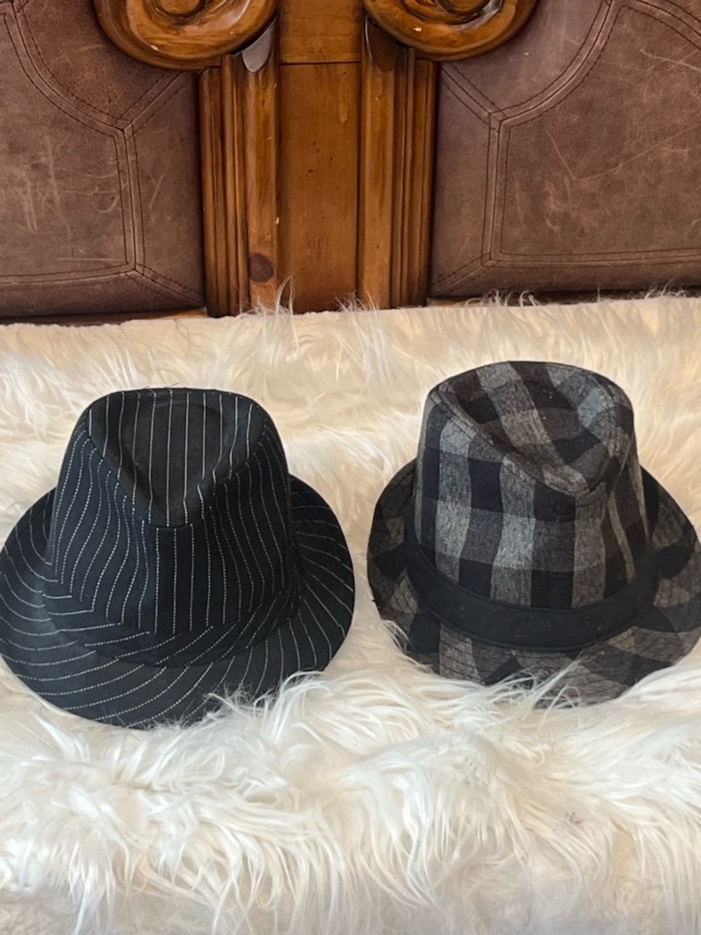 Vintage Pair of Black Patterned Fedora Hats - Pinstripe & Plaid